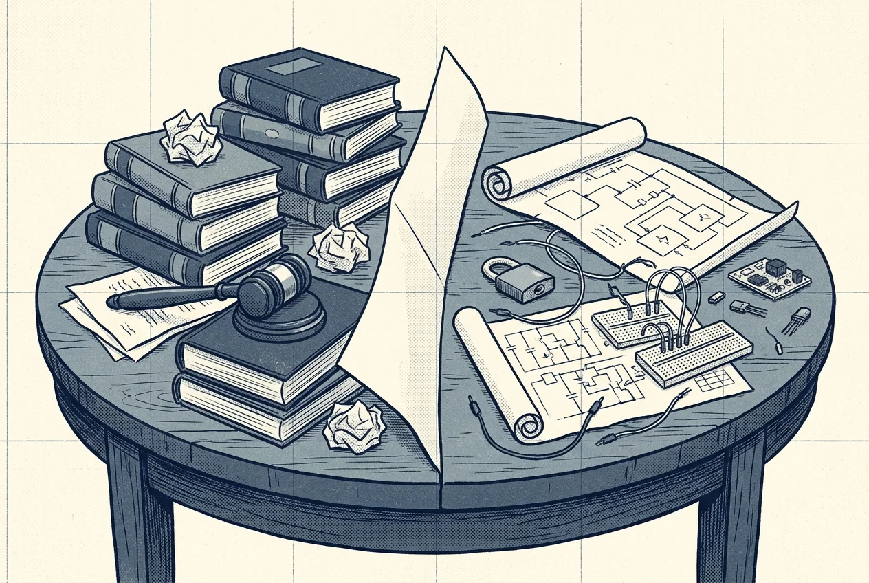 Illustration of a round table split down the middle โ lawbooks and a gavel on one side, circuit diagrams and a padlock on the other, joined by a paper.