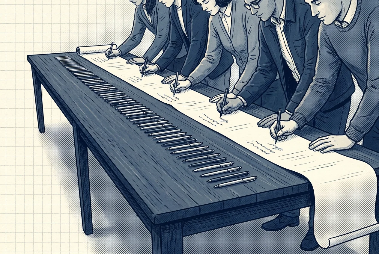 Illustration of many pens on a shared wooden desk with several people signing a shared paper together.