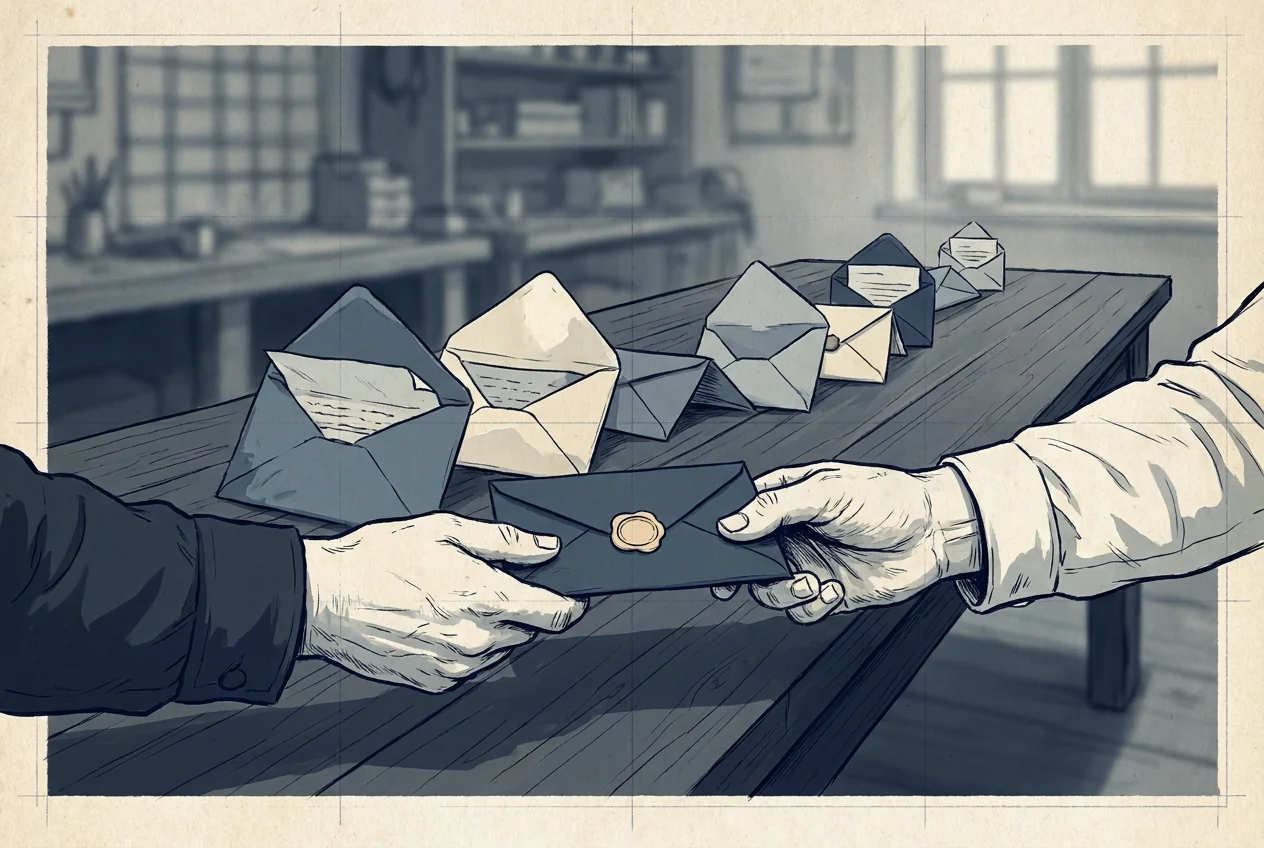 Illustration of a sealed envelope passing between two hands, with a trail of half-open envelopes behind on the table.