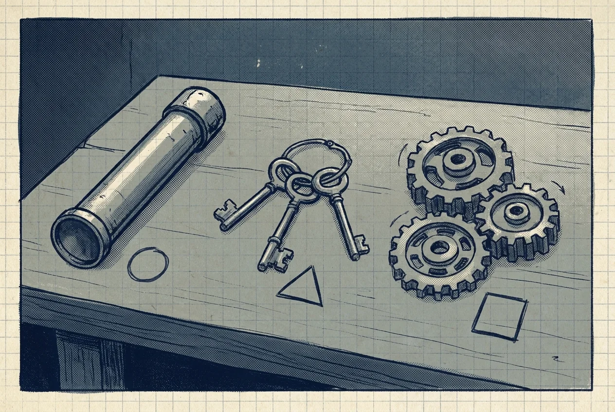 Illustration of three distinct tools on a workbench: a sealed pipe, a chain of three keys, and a set of rotating cogs.