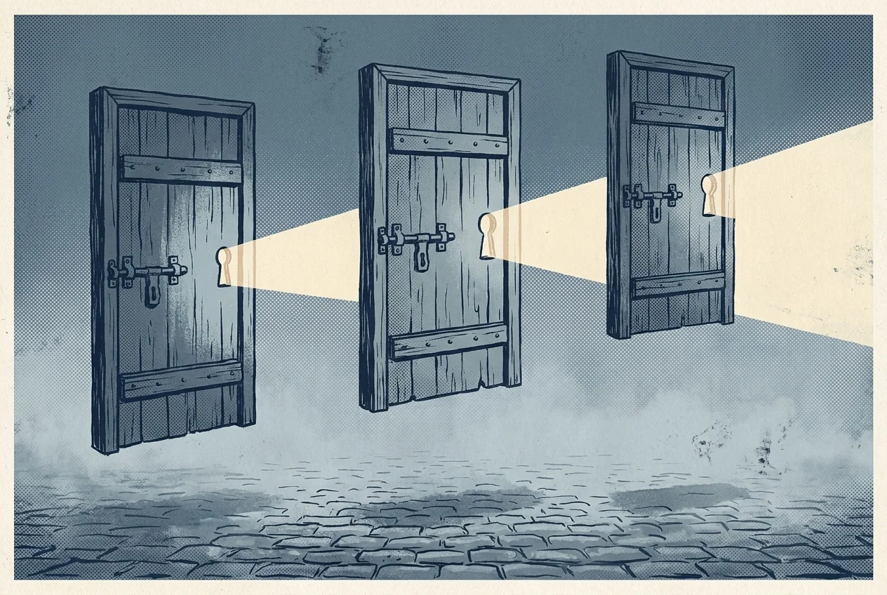 Illustration of three floating doors on different planes with a single soft light beam threading through all of them.